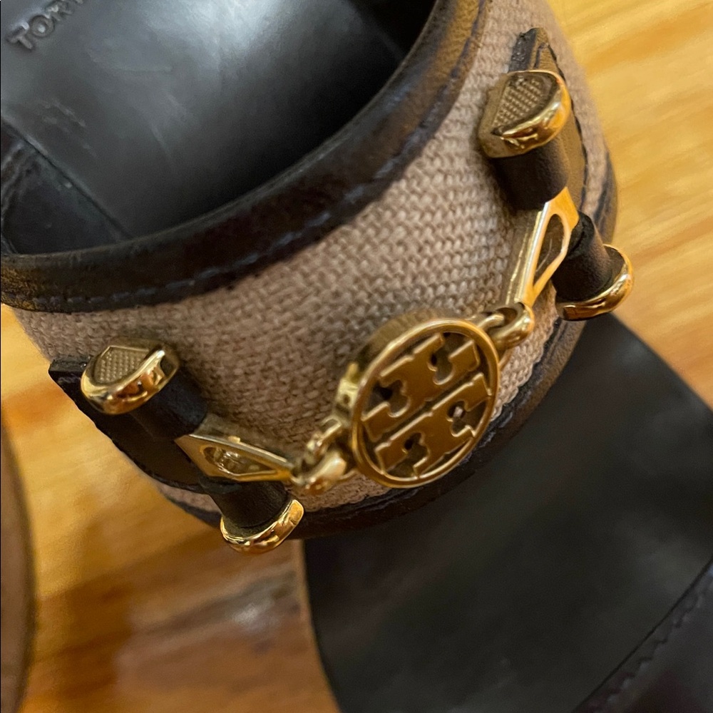 Tory Burch Black and Tan Wedge Sandals - Picture 2 of 6